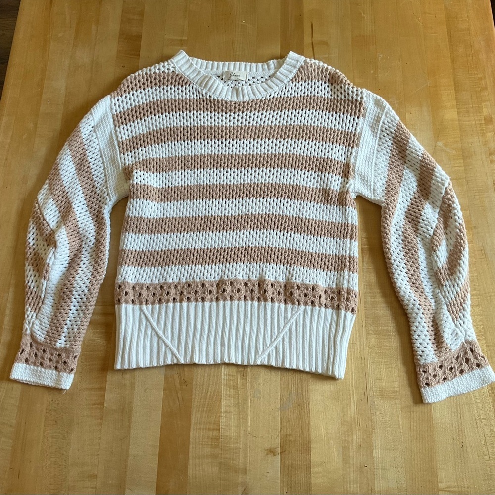 Elan Cozy Stripe Cotton Sweater XL Neutral Boho Chunky Knit Pullover - Picture 3 of 16